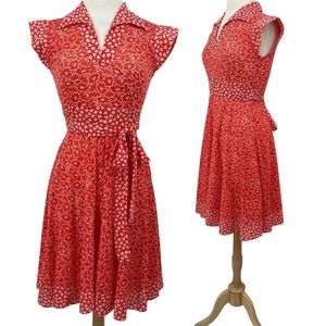 Vintage 70s Fit & Flare Collared Mini Dress Retro Printed Red White Womens Small